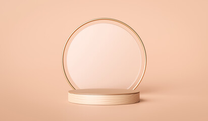 Wooden cylinder gold luxury pedestal product display stand or podium for cosmetic nature skin care on beige background 3D rendering