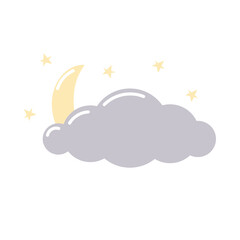 Hand drawn dark blue cloud with moon and stars in flat style. Clip-art isolated on white background.