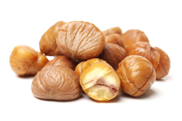 chinese food, peeled roasted chestnut on white background 