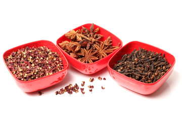 Various seasonings on white background 