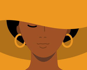 Elegant portrait of african American woman in a posh hat with wide brims. Vector illustration in a vector style