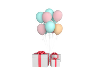 Balloon party and gift boxes isolated on white background with Clipping Path, 3d rendering