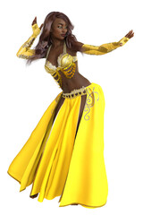 3D Belly dancer black skinned girl in yellow outfit