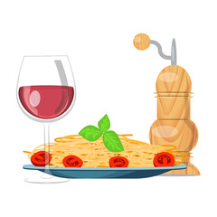 Prepared pasta dish with red wine and cheese.
