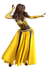 Obraz na płótnie Canvas 3D Belly dancer black skinned girl in yellow outfit