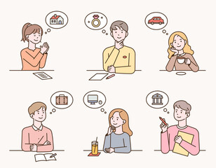  People are thinking about what to buy. People are sitting at the table and making household plans. flat design style vector illustration.