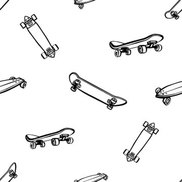 Seamless pattern with 4 doodle skateboards. Background for teen boys and girls with skateboard or longboard. Outline drawing icon sketch in minimal style.