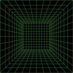 Wireframe perspective cube. 3d wireframe grid room. 3d perspective laser grid. Cyberspace black background with green mesh. Futuristic digital hallway space in virtual reality. Vector illustration.