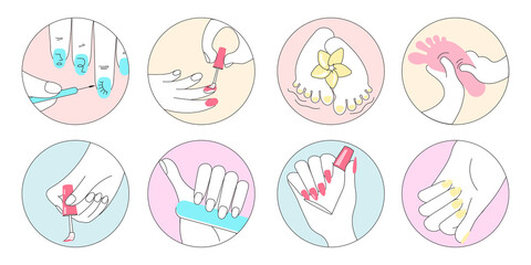 Professional manicure and pedicure procedure round banners