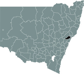 Black flat blank highlighted location map of the CITY OF CESSNOCK AREA inside gray administrative map of districts of Australian state of New South Wales, Australia