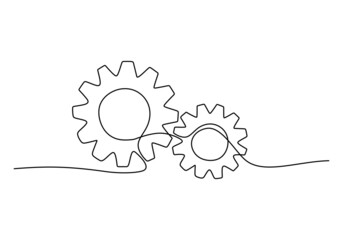 Continuous one single line of two gears symbol of teamwork isolated on white background.