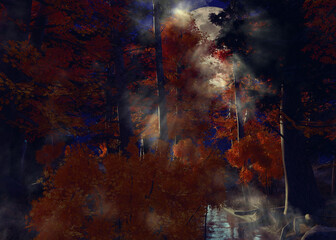 3D Night autumn forest and full moon