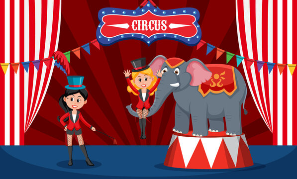 Elephant with magician performance on stage
