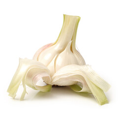 Garlic press and garlic on white background 