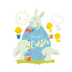 Cute Easter Bunnies coloring Big Easter Egg. Happy Holidays