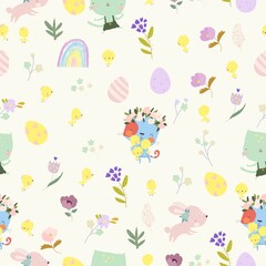 Seamless Pattern with Funny Cats and Easter Elements