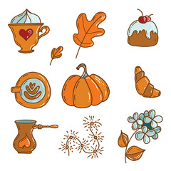 Autumn set. Cappuccino, coffee, croissant, pumpkin, hydrangea, garland. We baked delicious food and coffee.