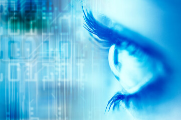 woman blue eye with binary digits background