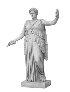 Statue of roman Ceres or greek Demeter isolated on white with clipping path. Goddess of agriculture, harvest, grain, and the love between mother and child. Ancient sculpture