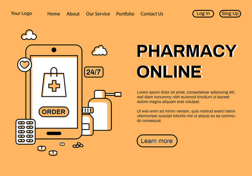 Pharmacy online. Landing page template. Ordering medicines. Mobile phone, capsules, throat spray, tablets. Vector stock illustration in flat design