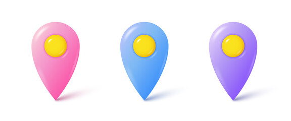 3d realistic location pin. Pink, blue and purple gps pointer marker icon