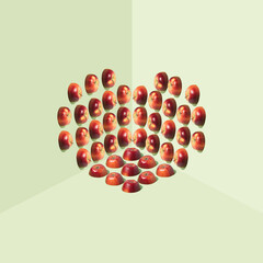 Halves of red apples arranged in a heart shape in a corner with green walls and floor. Isometric layout. Minimal concept. Square with copy space