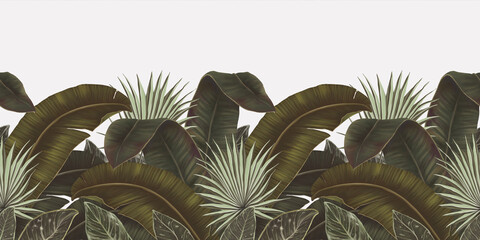 Exotic tropical pattern, seamless border. Tropical leaves wallpaper. Green palm leaves, banana, jungle background. Hand drawn 3d illustration. Design for wallpapers, websites, blogs, products