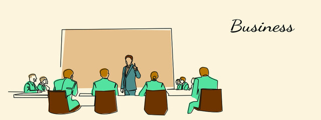 continuous line drawing of a business presentation during a team meeting, working concept vector illustration.