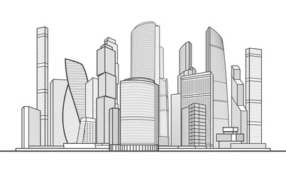 Modern town. Urban city complex. Business center. Infrastructure outlines illustration. Black outlines on white background. Vector design art 