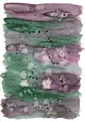 Abstract green and purple watercolor background. Spots, lines, streaks