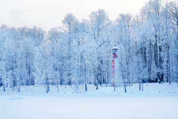 red lighthouse in a winter forest by the sea