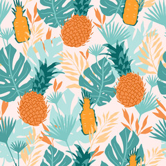 Seamless pattern with tropical spirit. Jungle leaves and palms. Vector illustration.