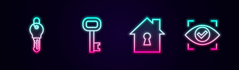 Set line Key, Old key, House under protection and Eye scan. Glowing neon icon. Vector