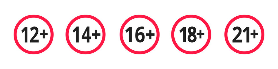 Adults content only age restriction 12, 14, 16, 18, 21 plus years old icon signs set flat style design vector illustration. Sensitive content age plus and adults only concept symbols.