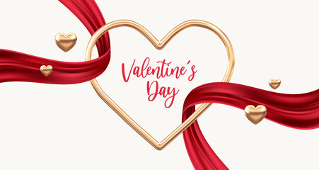 Golden heart frame with elegant red ribbon. Romantic and love background. Valentine's Day Holiday theme. Vector illustration.