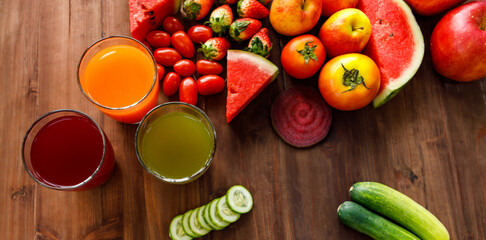 Top view close up shot of various kinds of healthy tasty nutritious fresh raw natural organic agriculture vegan vegetables and fruits ingredient diet placed on old colorful wooden table background