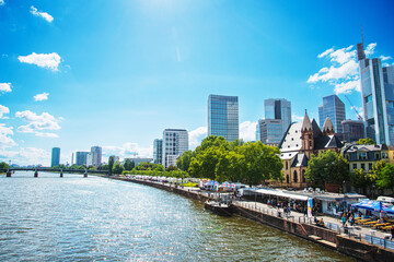 Frankfurt, Germany - June 12, 2019: River view of Frankfurt am Main, Germany - obrazy, fototapety, plakaty