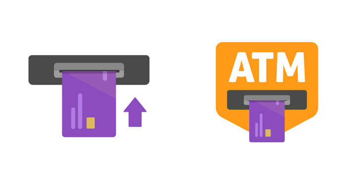 Atm machine slot with bank credit card insert vector icon or money service cashpoint teller or automatic pos terminal flat cartoon illustration isolated