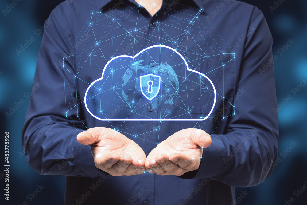 Poster close up of business man hand holding creative glowing cloud hologram with globe and safety icons, p