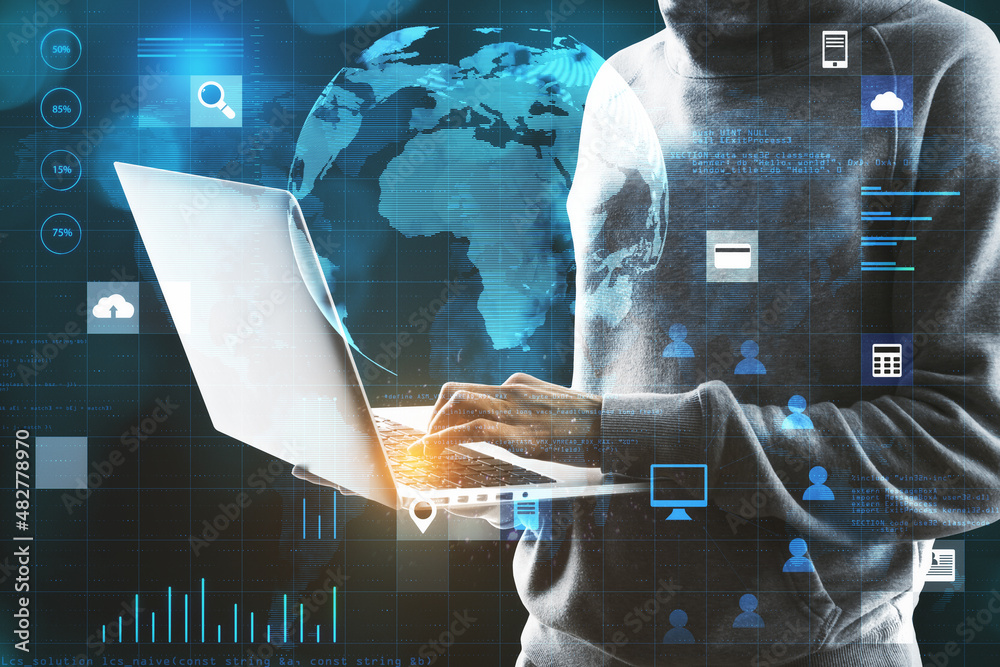 Poster Hacker in hoodie using laptop with creative glowing globe hologram grid interface on blurry background. Digital transformation, hacking, innovation and future concept. Double exposure.