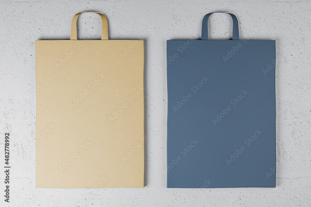 Poster Empty paper bag on white background. Mock up place for your advertisement or logo. 3D Rendering.