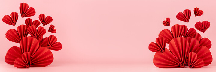 Fashion Valentine day banner - stage in chinese style red paper hearts of fans soar as flow on pink color, copy space, frame. Love template for website, advertising, wedding, anniversary, invitation.