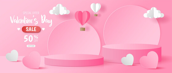 Paper cut of Valentine's Day background with pink cylinder podium and pink heart for products display presentation, poster, banner - obrazy, fototapety, plakaty