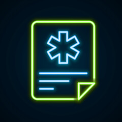 Obraz premium Glowing neon line Medical clipboard with clinical record icon isolated on black background. Prescription, medical check marks report. Colorful outline concept. Vector