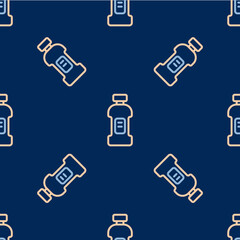 Line Plastic bottle for laundry detergent, bleach, dishwashing liquid or another cleaning agent icon isolated seamless pattern on blue background. Vector