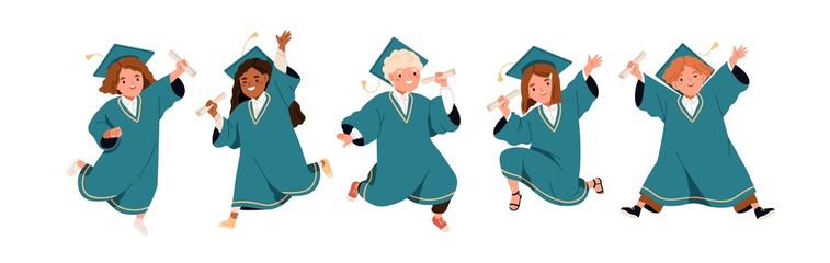 Children in graduation gowns and caps set. Happy elementary school kids with diplomas, graduating from kindergarten. Boys and girls students. Flat vector illustration isolated on white background