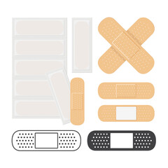 Seth plasters. A band-aid is a thin cloth strip on which an adhesive mass is applied, used for medical purposes. Vector illustration isolated on a white background for design and web.
