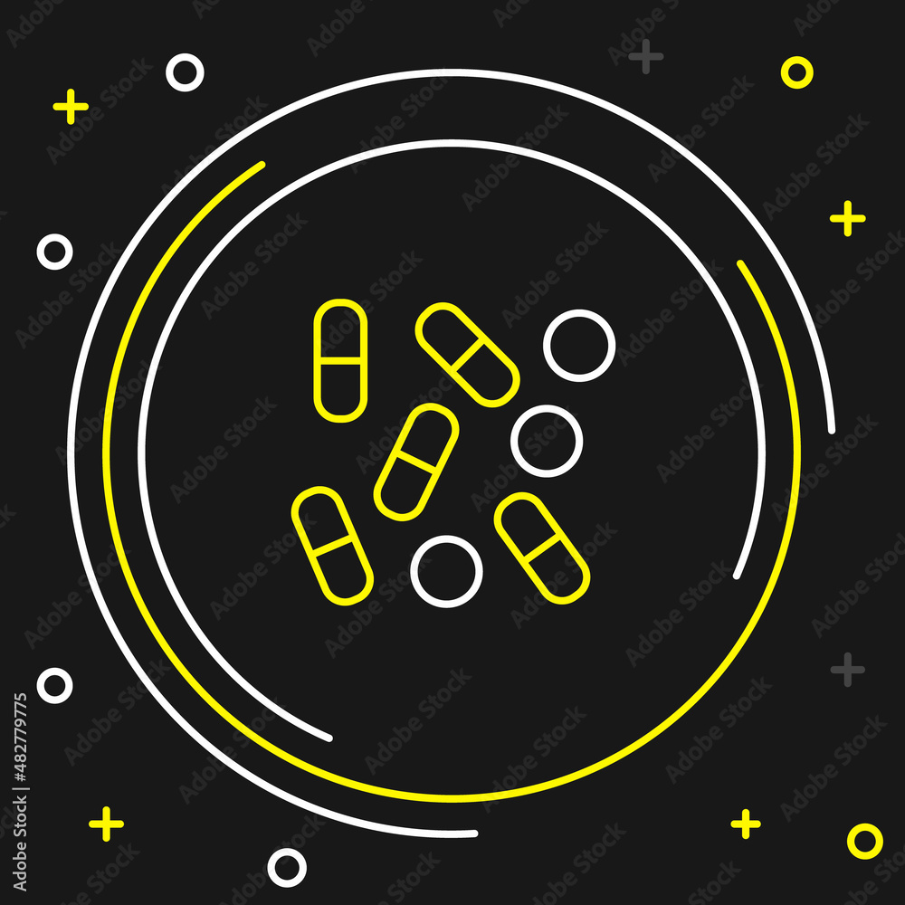 Canvas Prints Line Medical pill bottle biohacking icon isolated on black background. Pharmacy biohacking. Colorful outline concept. Vector