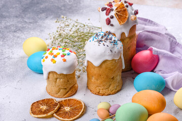 Easter cake and Easter eggs festive celebration table setting traditional decoration and treats
