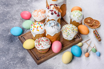 Easter cake and Easter eggs festive celebration table setting traditional decoration and treats